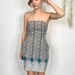 RARE MARA HOFFMAN silk strapless dress braided hair teal white gray 2602